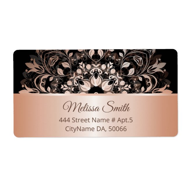 Étiquette Rose Gold Black Floral Moderne Mandala (Devant)
