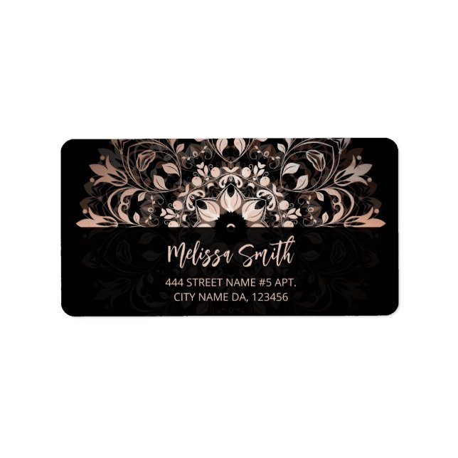 Étiquette Rose Gold Floral Mandala Noir (Devant)