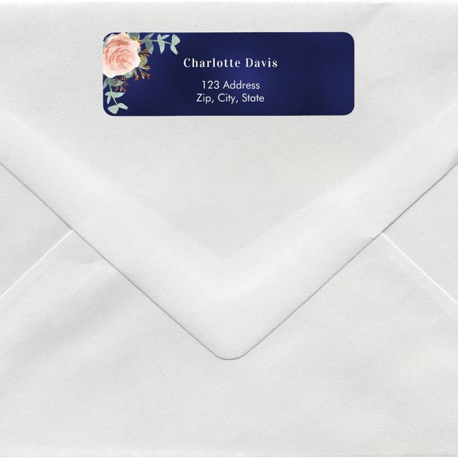 Étiquette Rose gold florale adresse de retour bleu marine  (Créateur téléchargé)