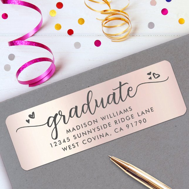 Étiquette Rose Gold Graduation Script Coeurs Modern Address (Créateur téléchargé)