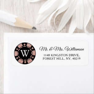 Étiquette Rose Gold Monogram Poker Chip Casino Mariage
