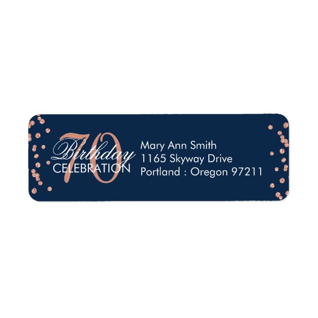 Étiquette Rose Gold Navy Blue 70e anniversaire Parties scint (Devant)