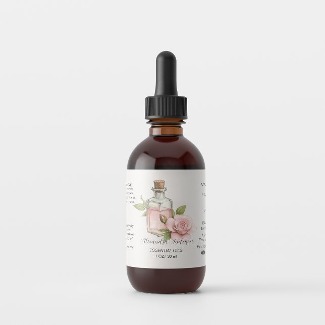 Étiquette Rose naturel Huiles essentielles Aquarelle Florale (Natural Rose Essential Oils Watercolor Floral Label)