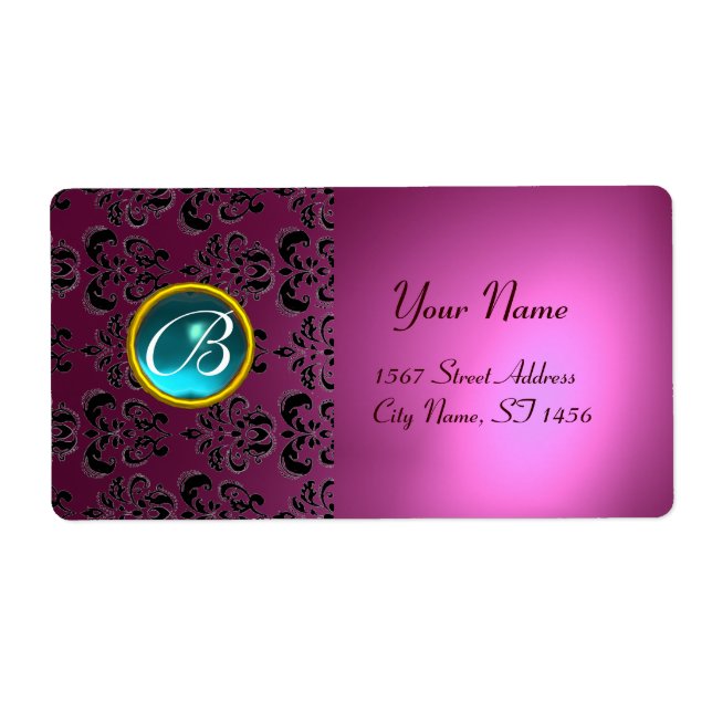 Étiquette ROSE NOIR DAMASK MONOGRAM, bleu aquamarine (Devant)