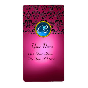 Étiquette ROSE NOIR DAMASK MONOGRAM, saphir bleu turquase