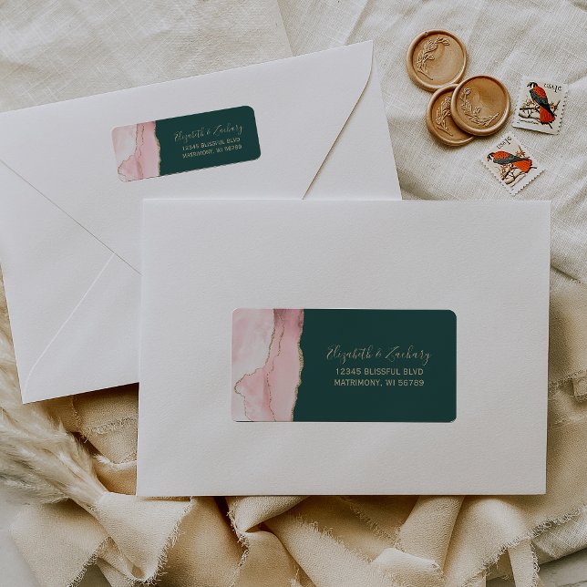 Étiquette Rose Pâle Or Agate Vert Mariage Adresse de Retour (Créateur téléchargé)