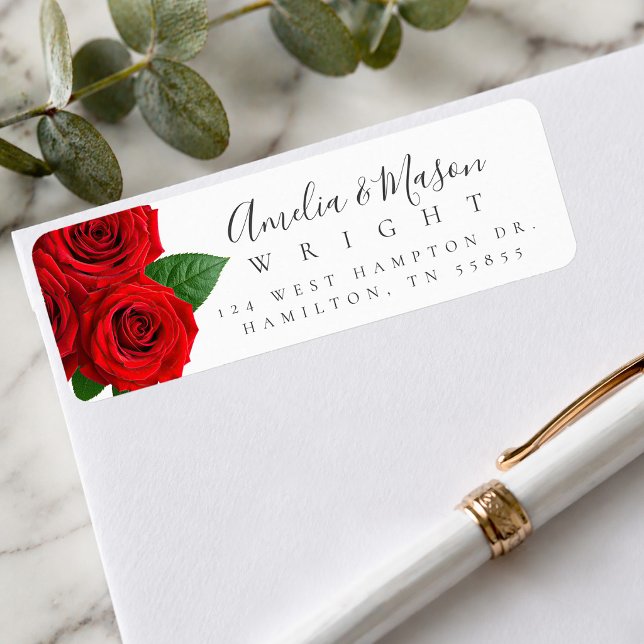 Étiquette Rose Rouge Classique Écriture Élégante Adresse de  (Classic Red Rose Elegant Script Return Address Label)