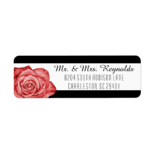 Étiquette Rose rouge moderne noir & blanc rayé personnalisé