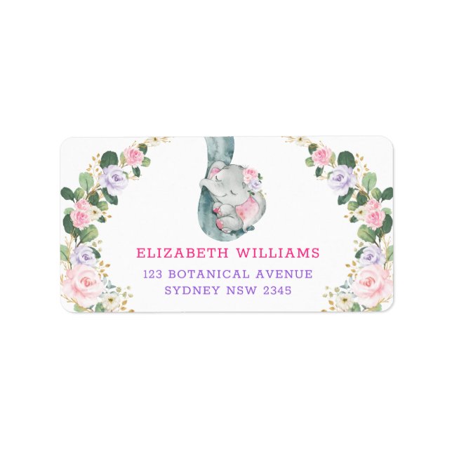 Étiquette Rose violet Rose verdure dormant bébé Eléphant (Devant)