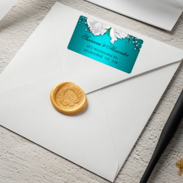 Étiquette Roses blanches et Aqua Mariage élégant (Créateur téléchargé)