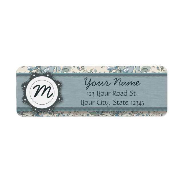 Étiquette Roses bleu et crème avec Monogramme (Devant)