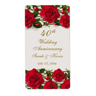 Étiquette Roses et coeurs rouges 40e anniversaire de Mariage