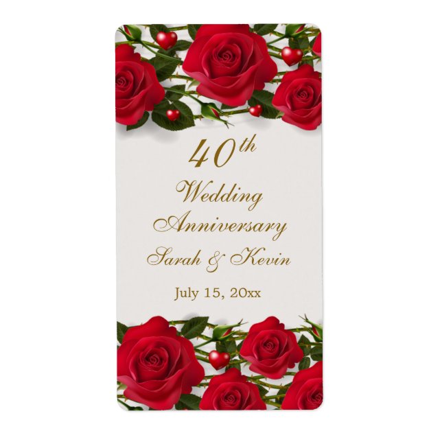 Étiquette Roses et coeurs rouges 40e anniversaire de Mariage (Devant)