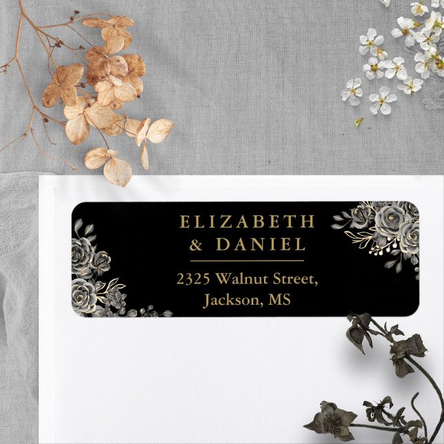 Étiquette Roses floraux noir et or Adresse de retour gothiqu (Black And Gold Floral Roses Gothic Return Address Label)