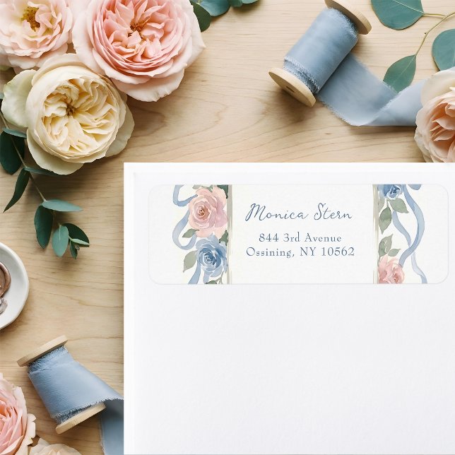Étiquette Roses pastel rose, blanches et bleues & ruban (Créateur téléchargé)