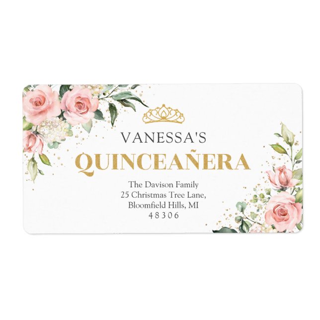 Étiquette Roses rose rose moderne or tiara 15e anniversaire (Devant)