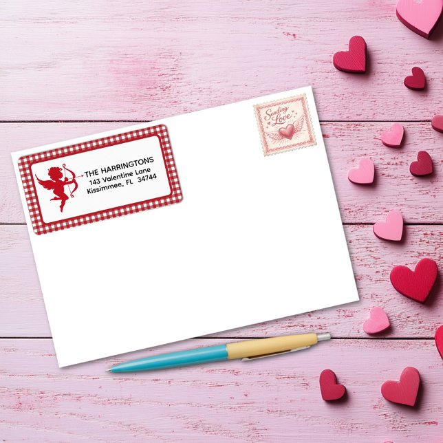 Étiquette Rouge & Blanc Carreaux Gingham Saint-Valentin Cupi (Créateur téléchargé)