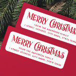 Étiquette Rouge & blanc festif Joyeux Noël adresse de retour<br><div class="desc">Rouge et blanc ou toute couleur étiquettes d'adresse de retour avec le texte "Joyeux Noël" dans une police festive et votre adresse de retour ci-dessous. Vous pouvez modifier les couleurs de l'arrière - plan, de la bordure et de la police en une couleur personnalisée à l'aide de l'outil de personnalisation....</div>