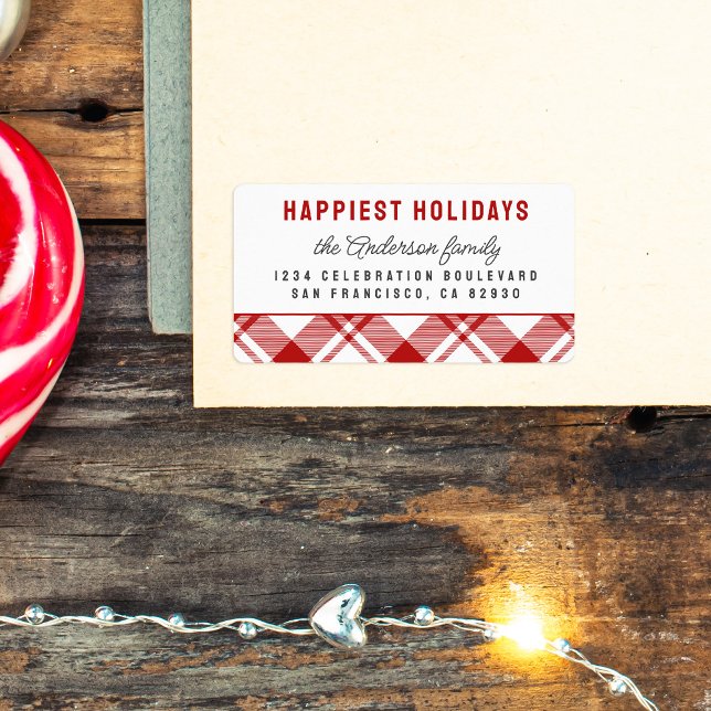 Étiquette Rouge & Blanc Tartan Plaid Christmas Adresse de re (Créateur téléchargé)