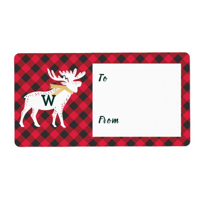Étiquette Rouge Buffle Plaid Moose Monogramme Noël (Devant)