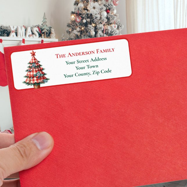 Étiquette Rouge moderne En vichy Arbre de Noël Nom (Créateur téléchargé)