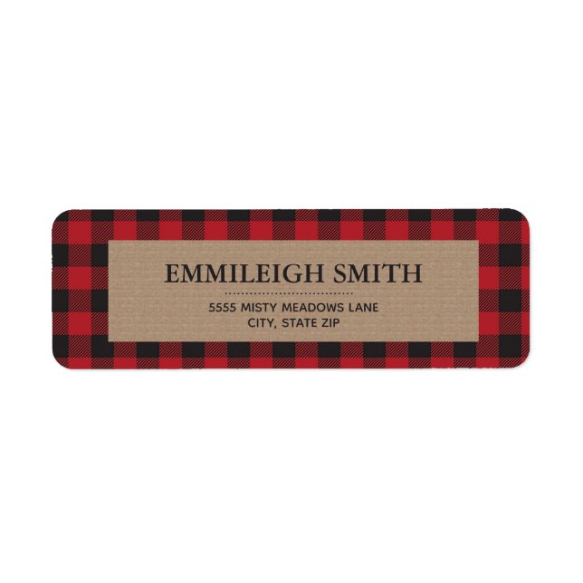 Étiquette Rouge Rustique Noël Plaid Kraft Buffalo Noir  (Devant)
