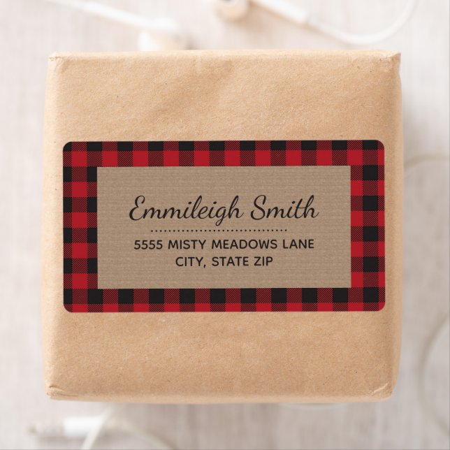 Étiquette Rouge Rustique Plaid Buffalo Noël Kraft Noir (En situation)