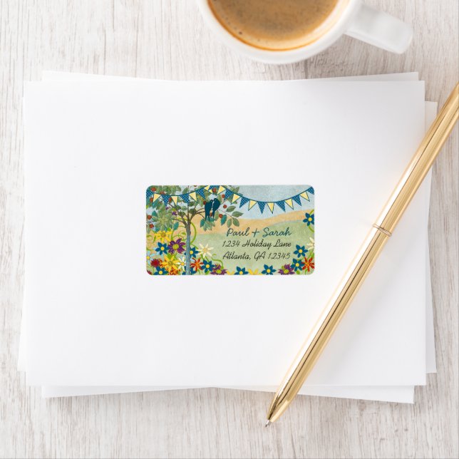 Étiquette Royal Blue & Yellow Bunting Inséparables Vintages (En situation)