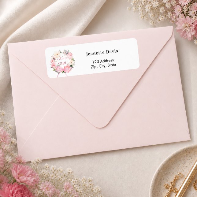 Étiquette Ruban de couronne florale rose pour adresse de ret (Créateur téléchargé)