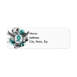 Étiquette Ruban turquoise et Cancer ovarien d'ailes