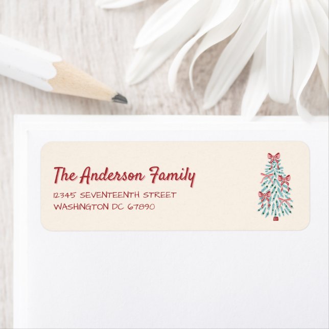 Étiquette Rubans de Noël Retro Rose Rouge Main Tirée Arbre (En situation)