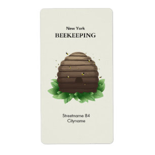 Étiquette Ruche et abeilles sur feuilles vertes