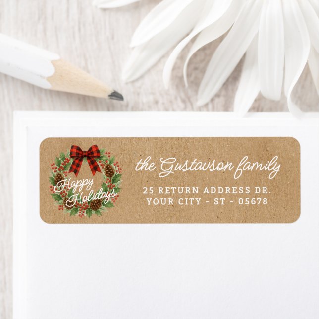 Étiquette Russe Holly Wreath Rouge Noir À damiers Bow (En situation)