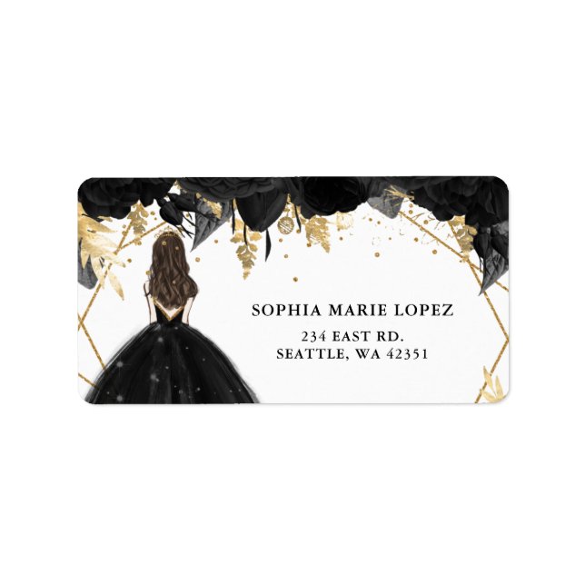 Étiquette Rustic Black Gold Floral Princess Quinceanera (Devant)