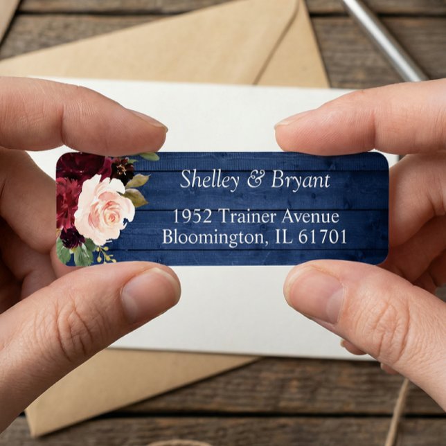 Étiquette Rustic Blue Burgundy Bush Floral Adresse de retour (Créateur téléchargé)
