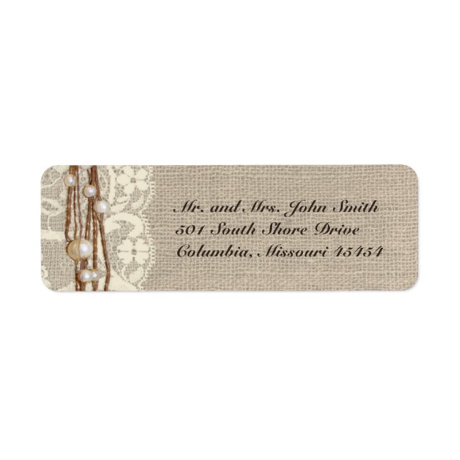Étiquette Rustic Burlap Lace Pearl Adresse de retour Label (Devant)