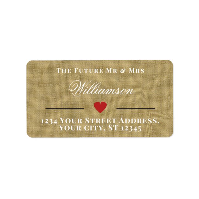Étiquette Rustic Burlap L'avenir M & Mme Retour Adresse (Devant)