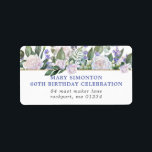 Étiquette Rustic Floral 60th Birthday Party Adresse de retou<br><div class="desc">Très joli label d'adresse botanique florale bleu et blanc pour votre 60e anniversaire fête. Des roses blanches et de petites fleurs bleues sont nichées dans un feuille vert profond. Une description de la fête est en bleu, l'adresse est en gris foncé. Cet article fait partie de la collection 60th Birthday...</div>