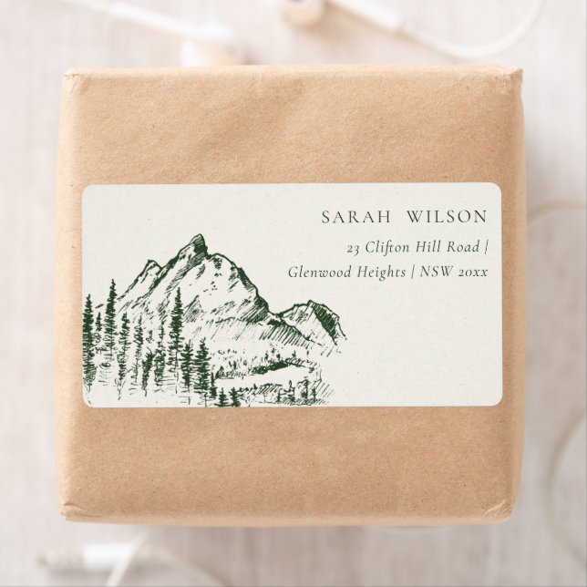 Étiquette Rustic Green Pine Woods Mountain Sketch Adresse (En situation)