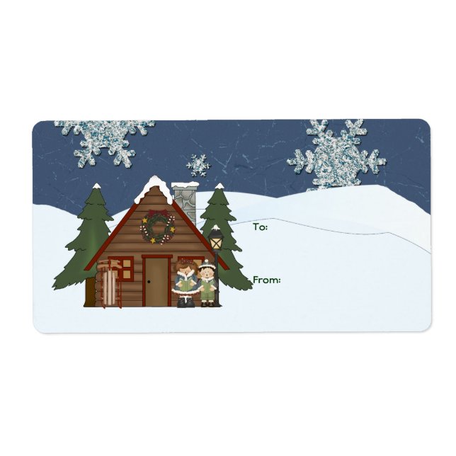 Étiquette Rustic Lodge Country Noël Cabine à la nuit (Devant)