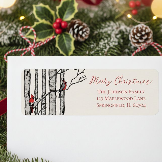 Étiquette Rustic Merry Christmas Red Cardinal Return Address (Modern Holiday Festive Christmas Return Address Labels. Red Cardinal Birch Seasonal Mailing Stickers)