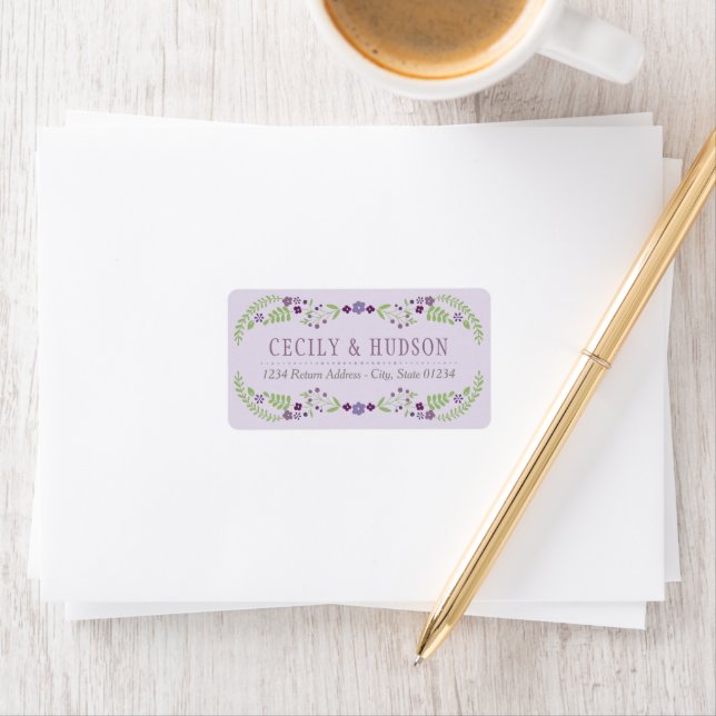 Étiquette Rustic Purple Green Floral Mariage Adresse de reto (En situation)