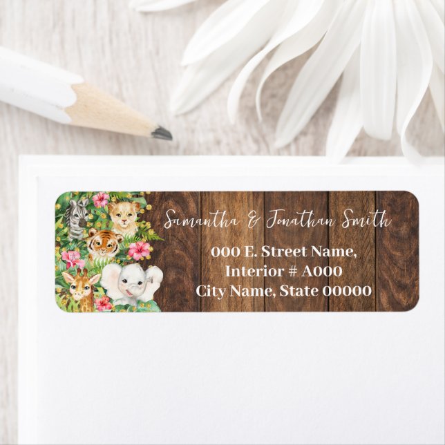 Étiquette Rustic Safari Animals Pink Shower Return Address (En situation)