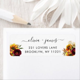 Étiquette Rustic Sunflower Burgundy Rose Floral Watercolor