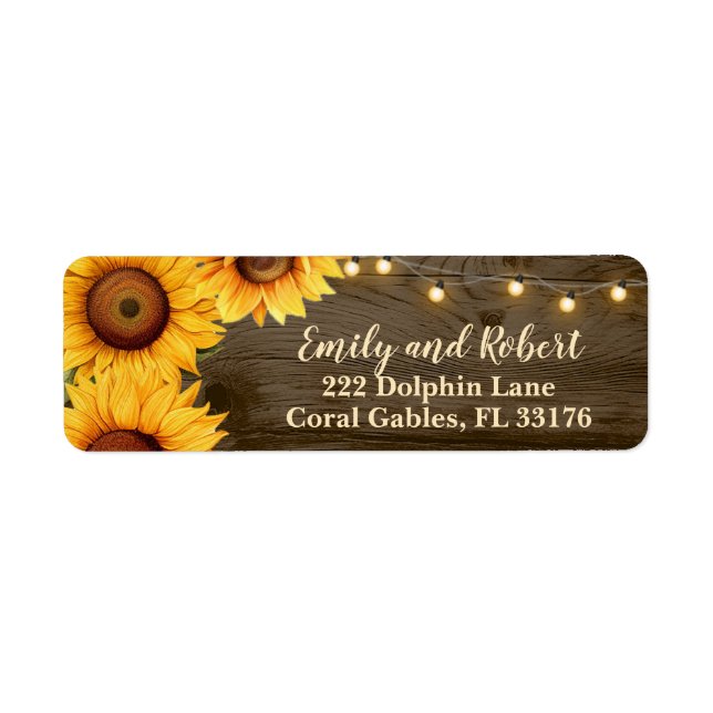 Étiquette Rustic Sunflower String Lights Adresse du Mariage (Devant)