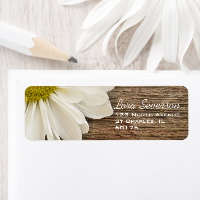 Étiquette Rustic White Daisy Brown Barn Wood Retourner l'adr (En situation)