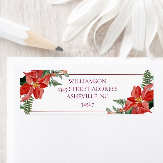 Étiquette Rustic Winter Poinsettia Red Christmas Wedding (En situation)
