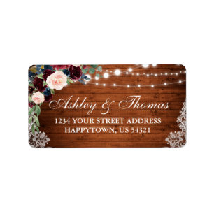 Étiquette Rustic Wood Burgundy Blue Floral Adresse