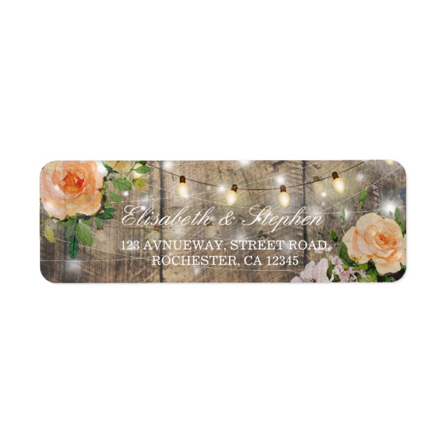 Étiquette Rustic Wood Floral String Lights Mariage Adresse (Devant)