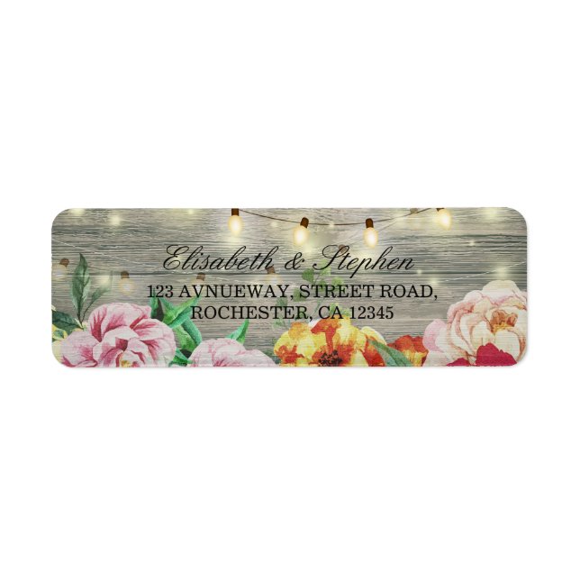 Étiquette Rustic Wood Floral String Lights Mariage Adresse (Devant)